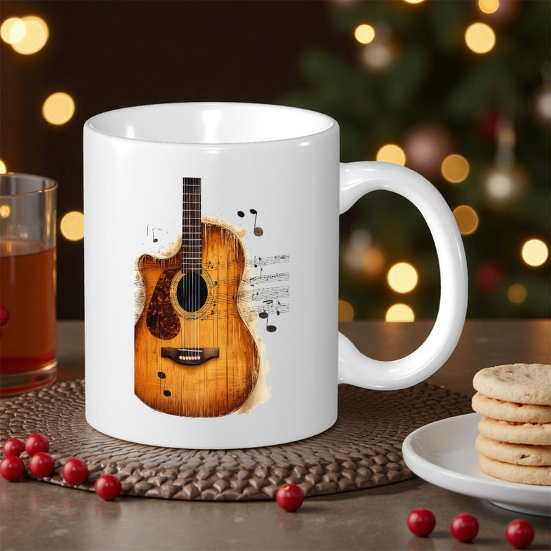 Tailorly White Ceramic 11 oz Mug - Artistic Vintage Wooden Body Featuring Floating Melodic Musical Notes Guitar