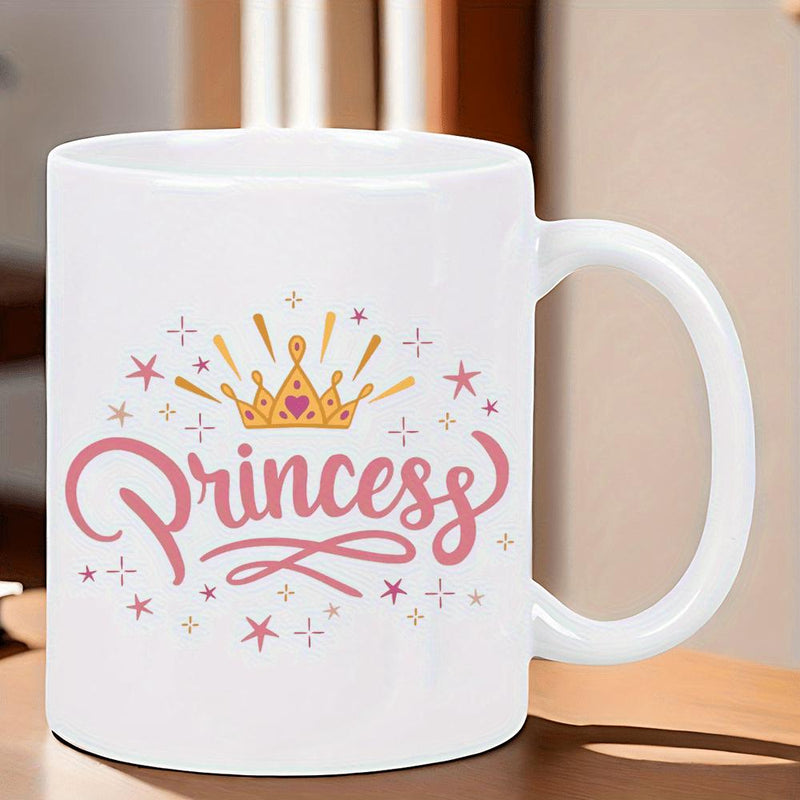 Tailorly White Ceramic 11 oz Mug - Princess Elegant Golden Royal Headpiece Adorned With Small Heart And Twinkling Stars Crown