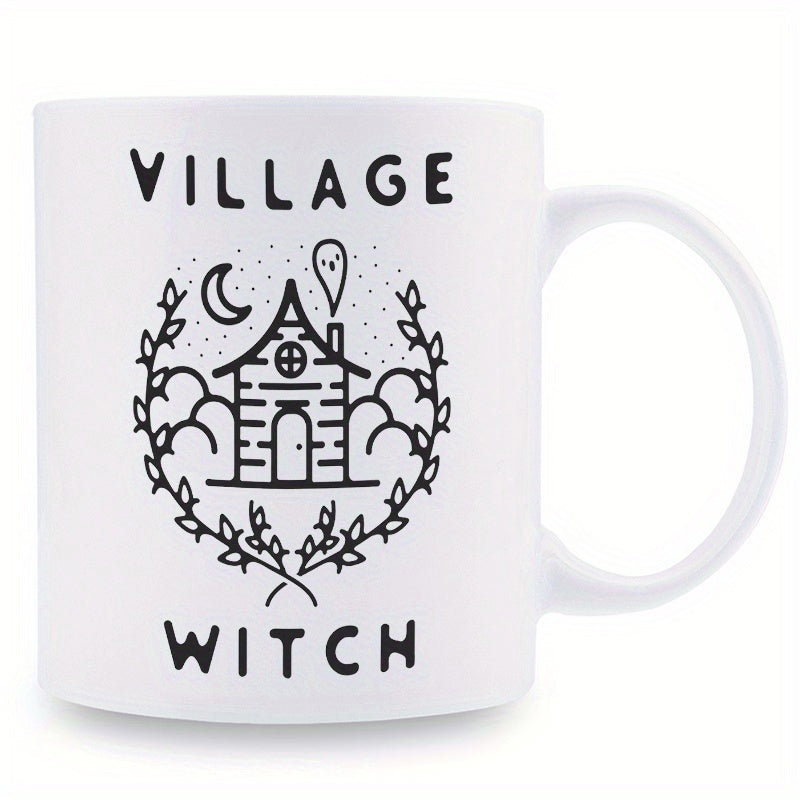 Tailorly White Ceramic 11 oz Mug - Village Witch Minimalist Cottage Under Crescent Moon Encircled By Delicate Leafy Floral Branches House