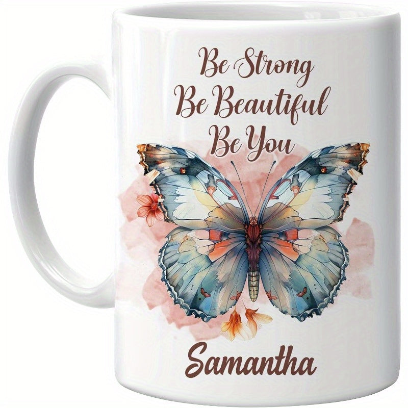Tailorly White Ceramic 11 oz Mug - Be Strong Be Beautiful Be You Samantha Vibrant Watercolor Wings With Soft Pink Floral Accents Floating In Air Butterfly