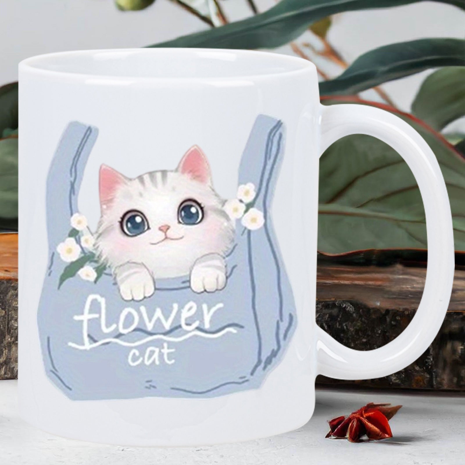Tailorly White Ceramic 11 oz Mug - Flower Cat Adorable Small Kitten Peeking From Blue Bag Among Dainty White Blooms Cat