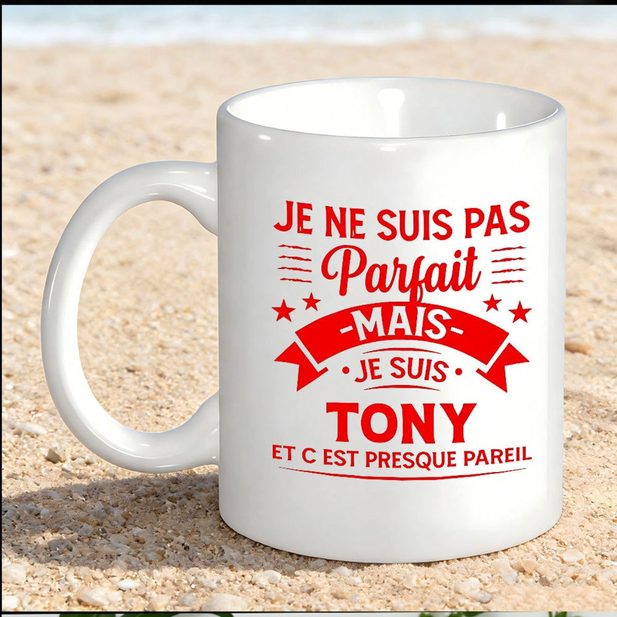 Tailorly White Ceramic 11 oz Mug - Tony Minimalist With Bold Red Typography And Stars Mug