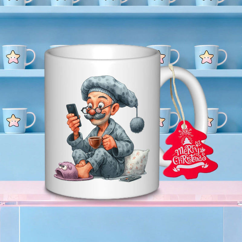 Tailorly White Ceramic 11 oz Mug - Elderly Man In Blue Pajamas Holding Coffee And Checking Smartphone Grandfather
