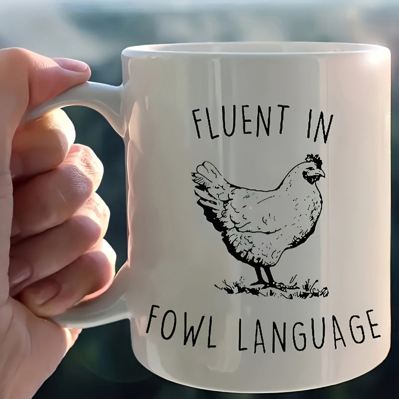 Tailorly White Ceramic 11 oz Mug - Fluent In Fowl Language Hand Drawn Sketch Of A Standing Farm Hen On Grass Chicken