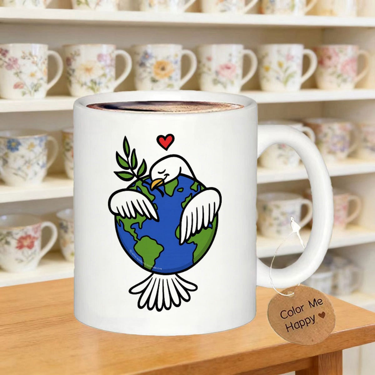 Tailorly White Ceramic 11 oz Mug - Peaceful White Bird Hugging Earth Globe Carrying Green Olive Branch Dove