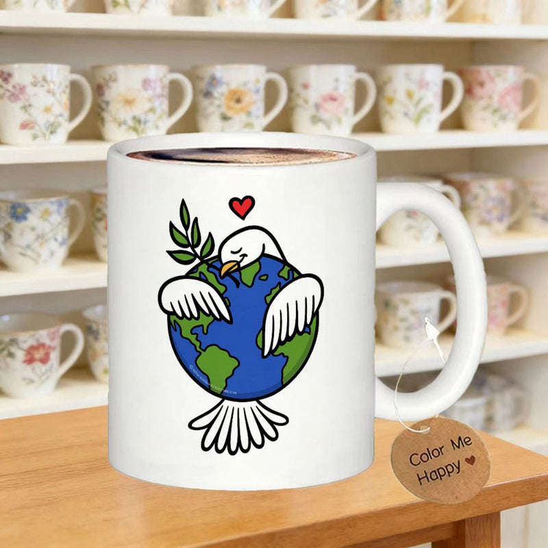 Tailorly White Ceramic 11 oz Mug - Peaceful White Bird Hugging Earth Globe Carrying Green Olive Branch Dove