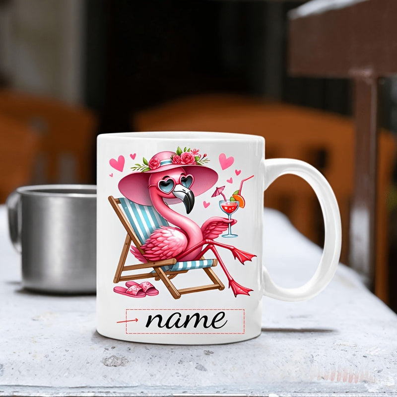 Tailorly White Ceramic 11 oz Mug - Name Pink Flamingo Relaxing On Beach Chair Wearing Sun Hat And Glasses Flamingo