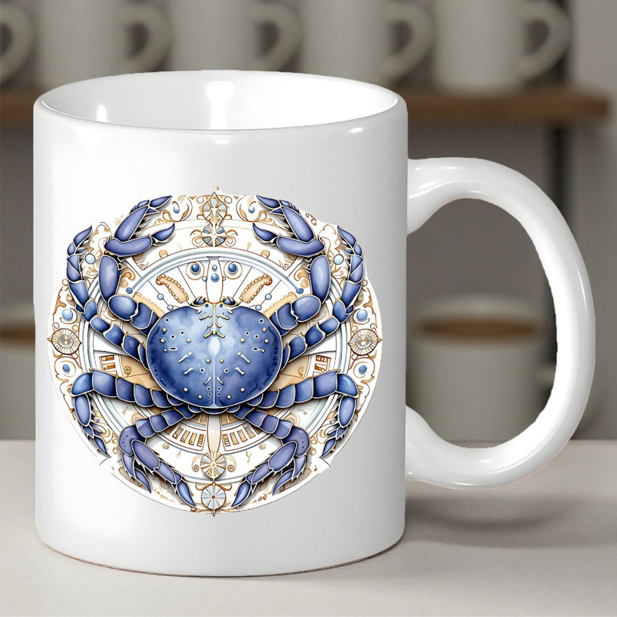 Tailorly White Ceramic 11 oz Mug - Intricate Golden Mandala Pattern Surrounding A Detailed Artistic Blue Watercolor Crab