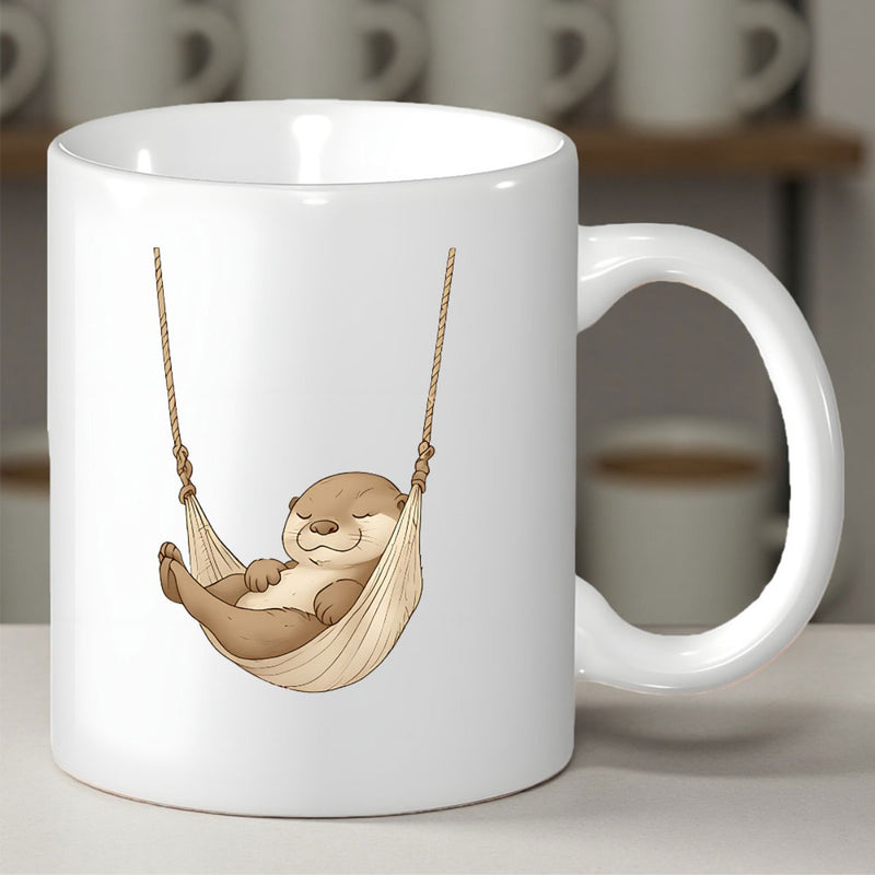 Tailorly White Ceramic 11 oz Mug - Sleeping Brown Animal Resting Peacefully In A Small Cozy Hanging Hammock Otter