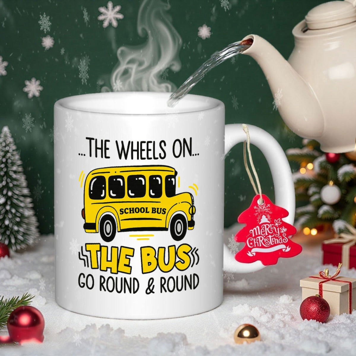 Tailorly White Ceramic 11 oz Mug - The Wheels On The Bus Go Round Round Bright Yellow Iconic Vehicle With Spinning Black Wheels Bus
