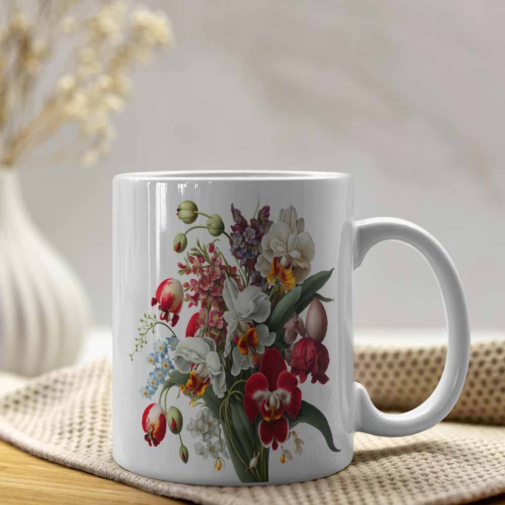 Tailorly White Ceramic 11 oz Mug - Vibrant Vintage Botanical Floral Bouquet With Elegant Orchids And Green Leaves Flower