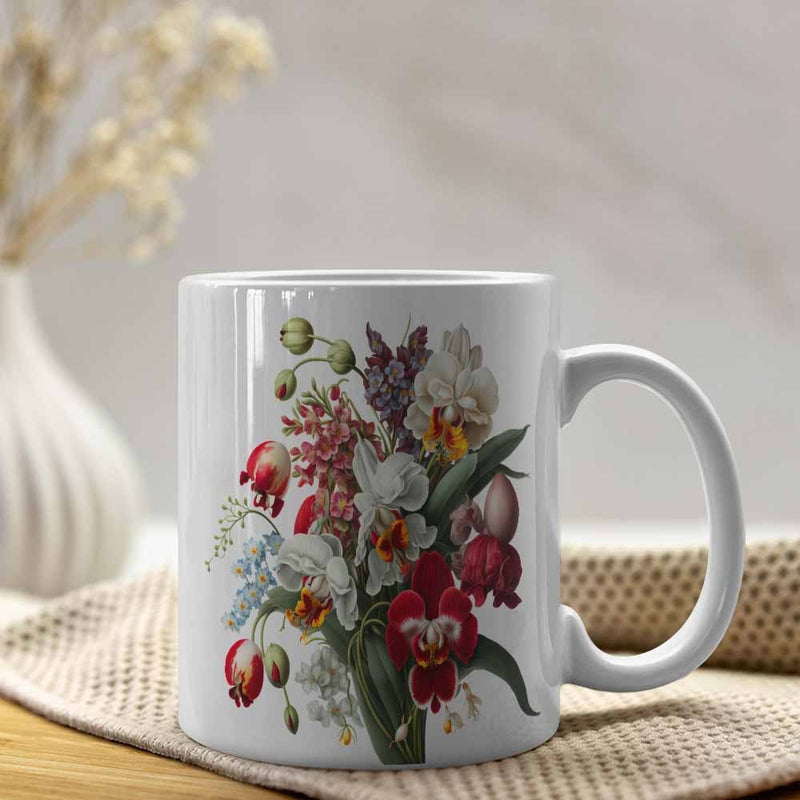 Tailorly White Ceramic 11 oz Mug - Vibrant Vintage Botanical Floral Bouquet With Elegant Orchids And Green Leaves Flower