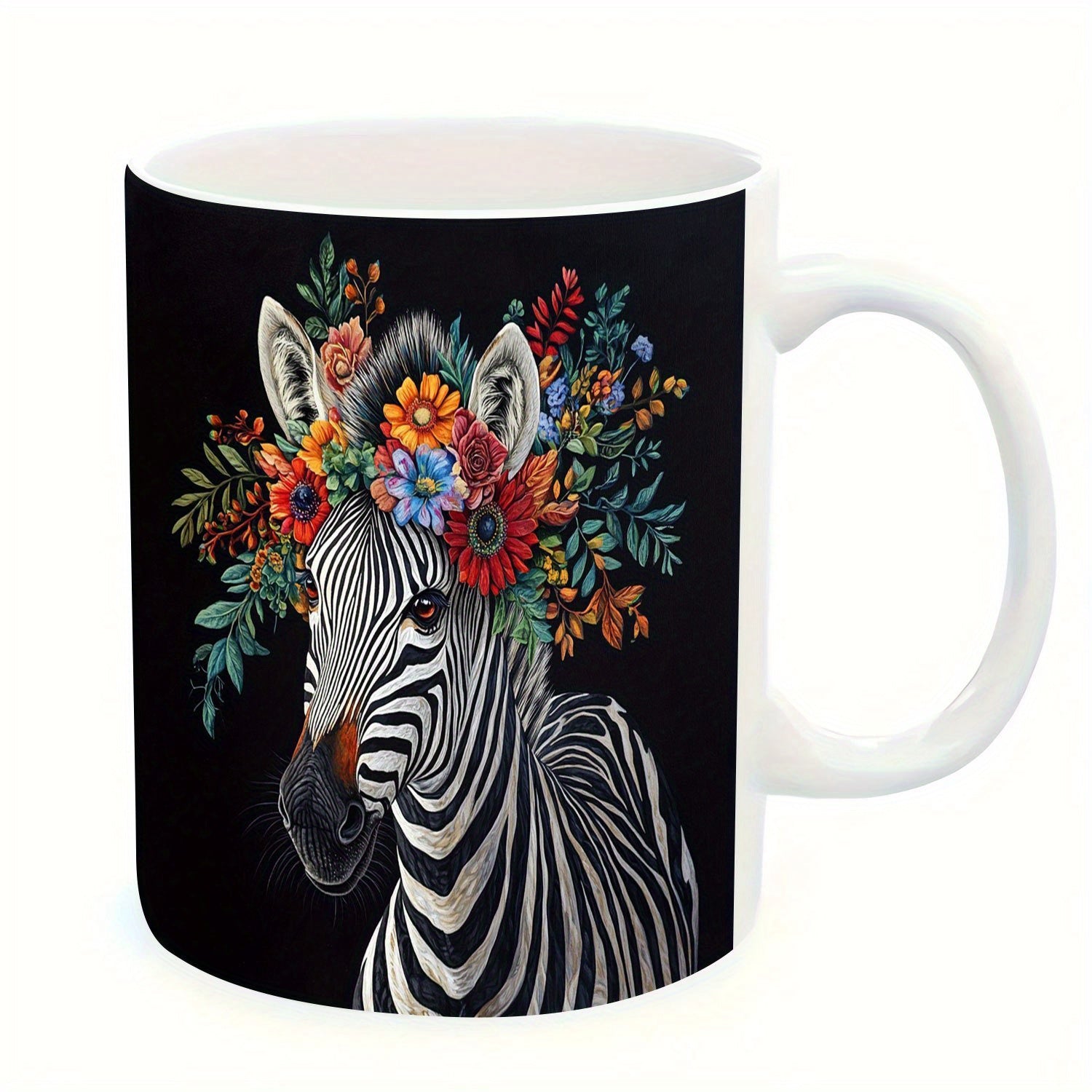 Tailorly White Ceramic 11 oz Mug - Majestic African Wildlife Wearing Vibrant Flower Crown Among Lush Greenery Zebra