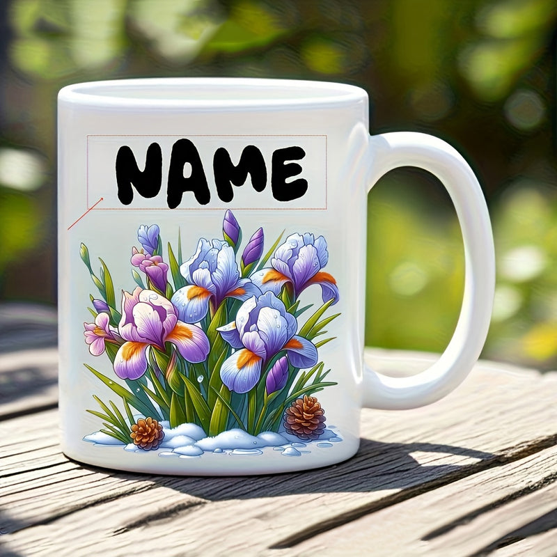 Tailorly White Ceramic 11 oz Mug - Name Vibrant Purple Flowers Blooming Among Green Leaves And Small Pine Cones Iris