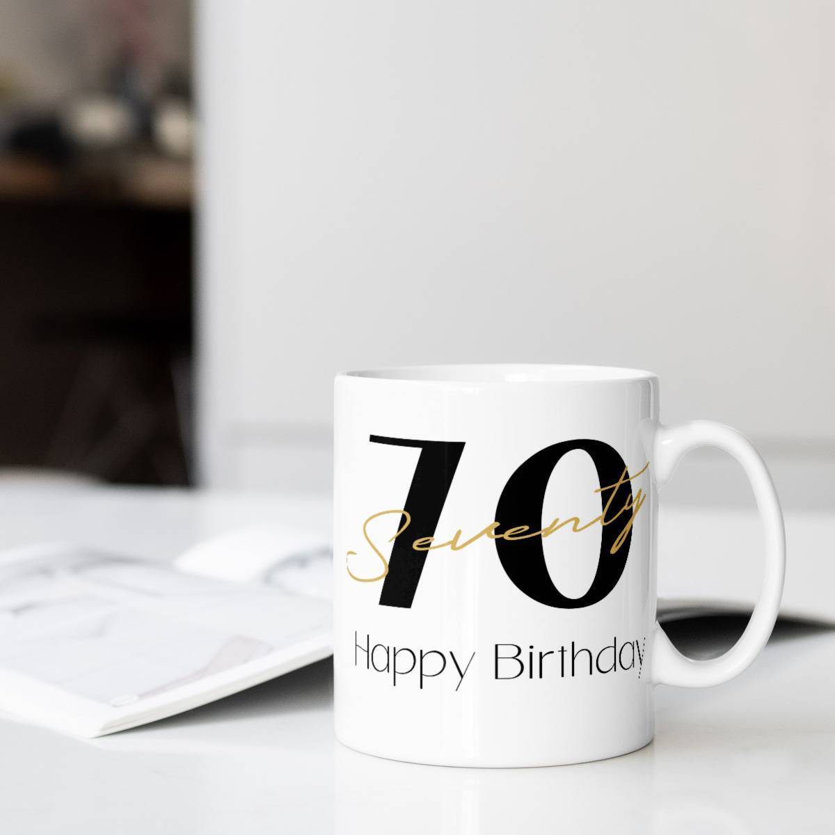 Tailorly White Ceramic 11 oz Mug - Seventy Happy Birthday Large Black Numbers Overlaid With Golden Elegant Script Cursive Typography Seventy