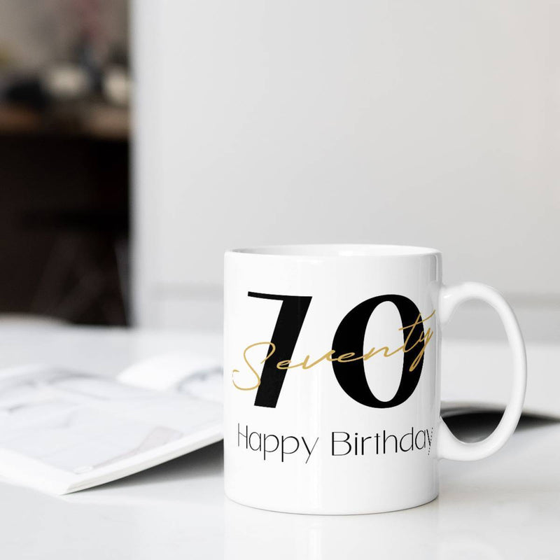 Tailorly White Ceramic 11 oz Mug - Seventy Happy Birthday Large Black Numbers Overlaid With Golden Elegant Script Cursive Typography Seventy