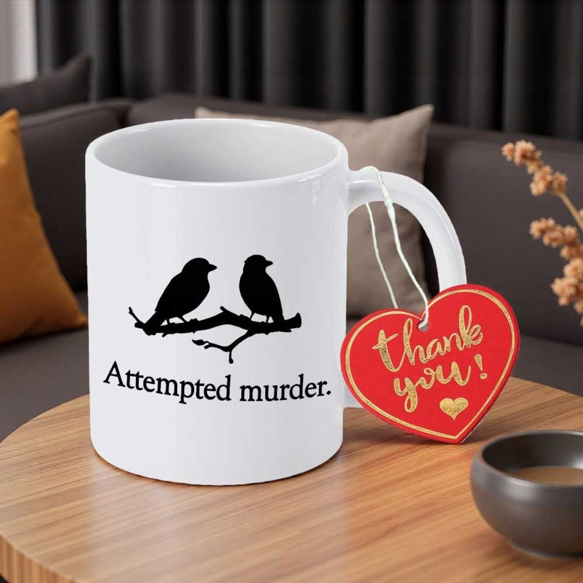 Tailorly White Ceramic 11 oz Mug - Attempted Murder Two Black Bird Silhouettes Perched Together On A Rustic Wooden Branch Birds