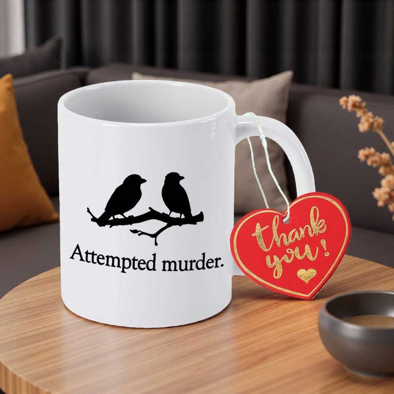 Tailorly White Ceramic 11 oz Mug - Attempted Murder Two Black Bird Silhouettes Perched Together On A Rustic Wooden Branch Birds