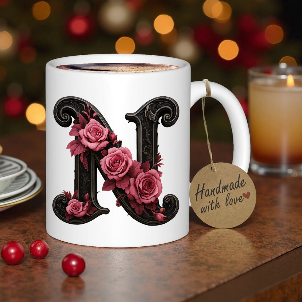Tailorly White Ceramic 11 oz Mug - Handmade With Love Ornate Black Letter Adorned With Blooming Pink Roses And Delicate Rose