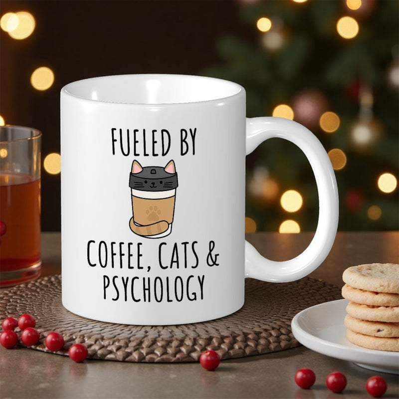 Tailorly White Ceramic 11 oz Mug - Fueled By Coffee Cats Psychology Whimsical Cartoon Coffee Cup Design With Cute Animal Ears And Tail Mug