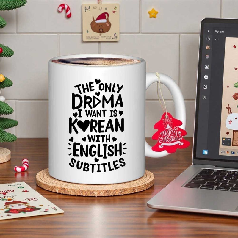 Tailorly White Ceramic 11 oz Mug - The Only Drama I Want Is Korean With English Subtitles Bold Decorative Typography Embellished With Hearts And Play Icons Sign