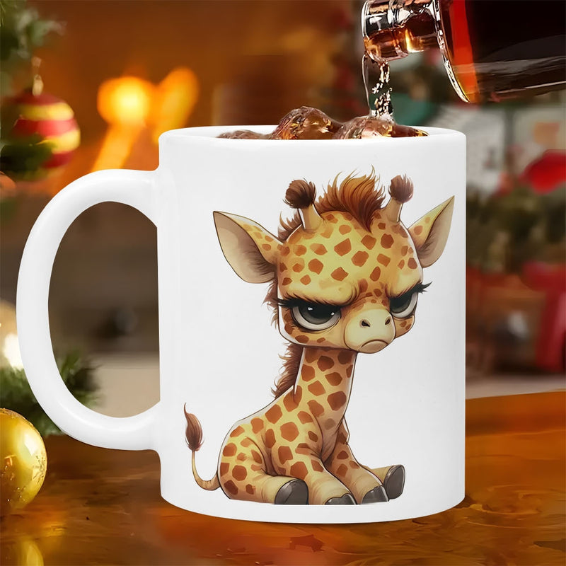 Tailorly White Ceramic 11 oz Mug - Grumpy Baby Animal With Big Eyes And Brown Spots Sitting Cartoon Giraffe