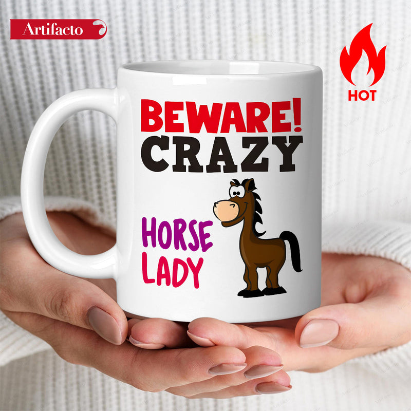 Tailorly White Ceramic 11 oz Mug - Beware Crazy Horse Lady Cartoon Brown Stallion Standing Alert With Large Eyes And Black Mane Horse