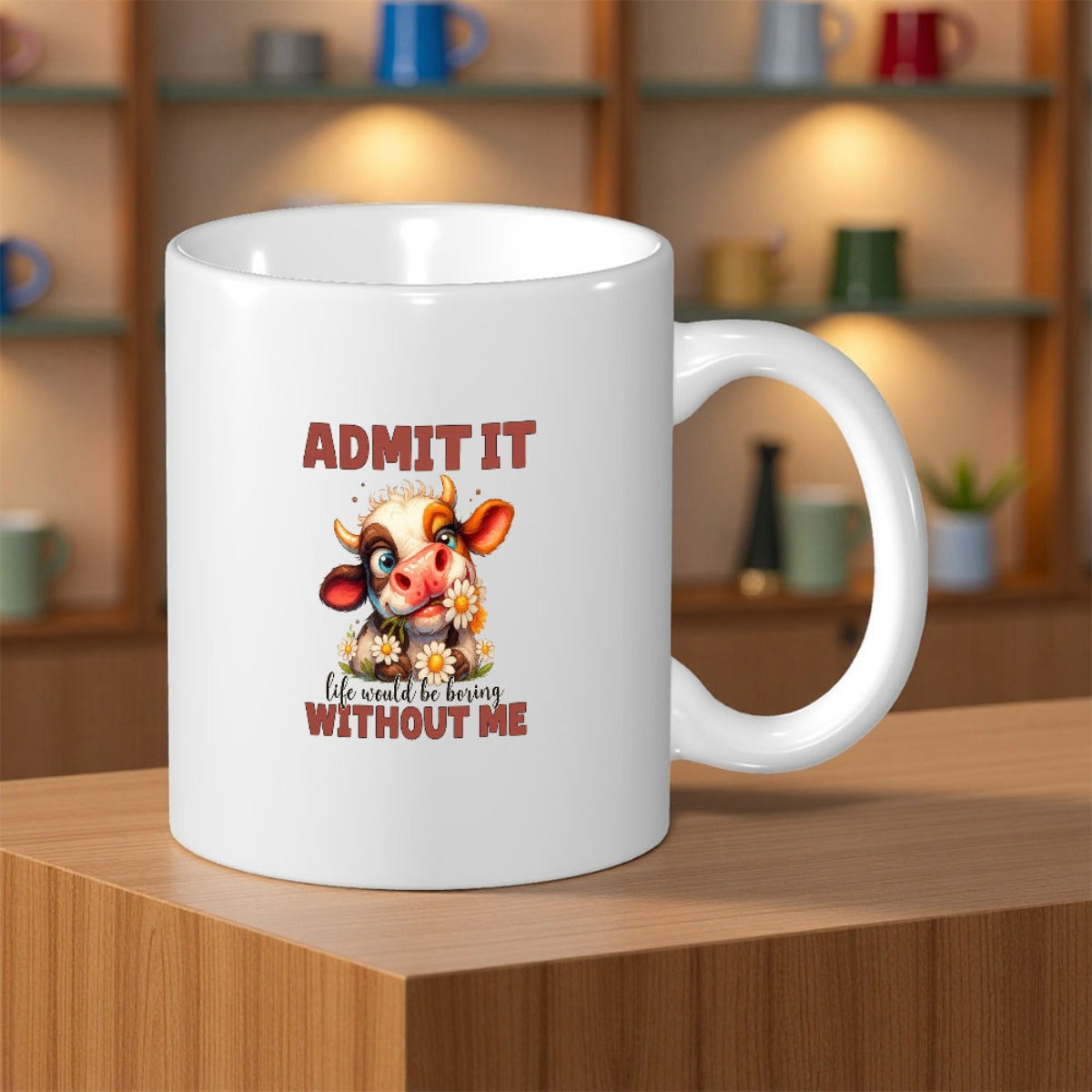Tailorly White Ceramic 11 oz Mug - Admit It Life Would Be Boring Without Me Adorable Spotted Cartoon Calf Among Small White Flowers In A Garden Cow