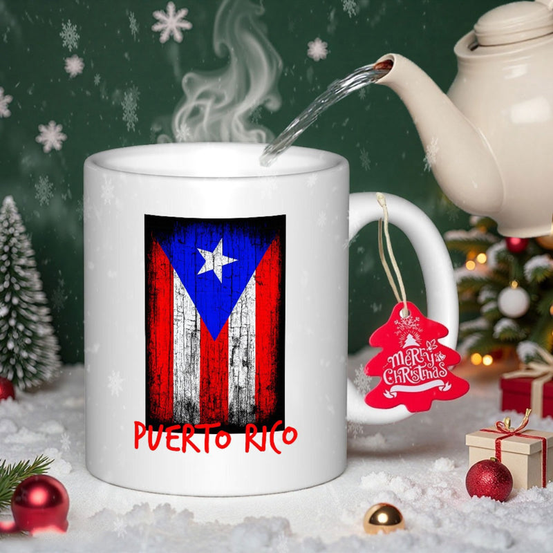 Tailorly White Ceramic 11 oz Mug - Puerto Rico Distressed Vintage National Graphic With Patriotic Red White Stripes Flag
