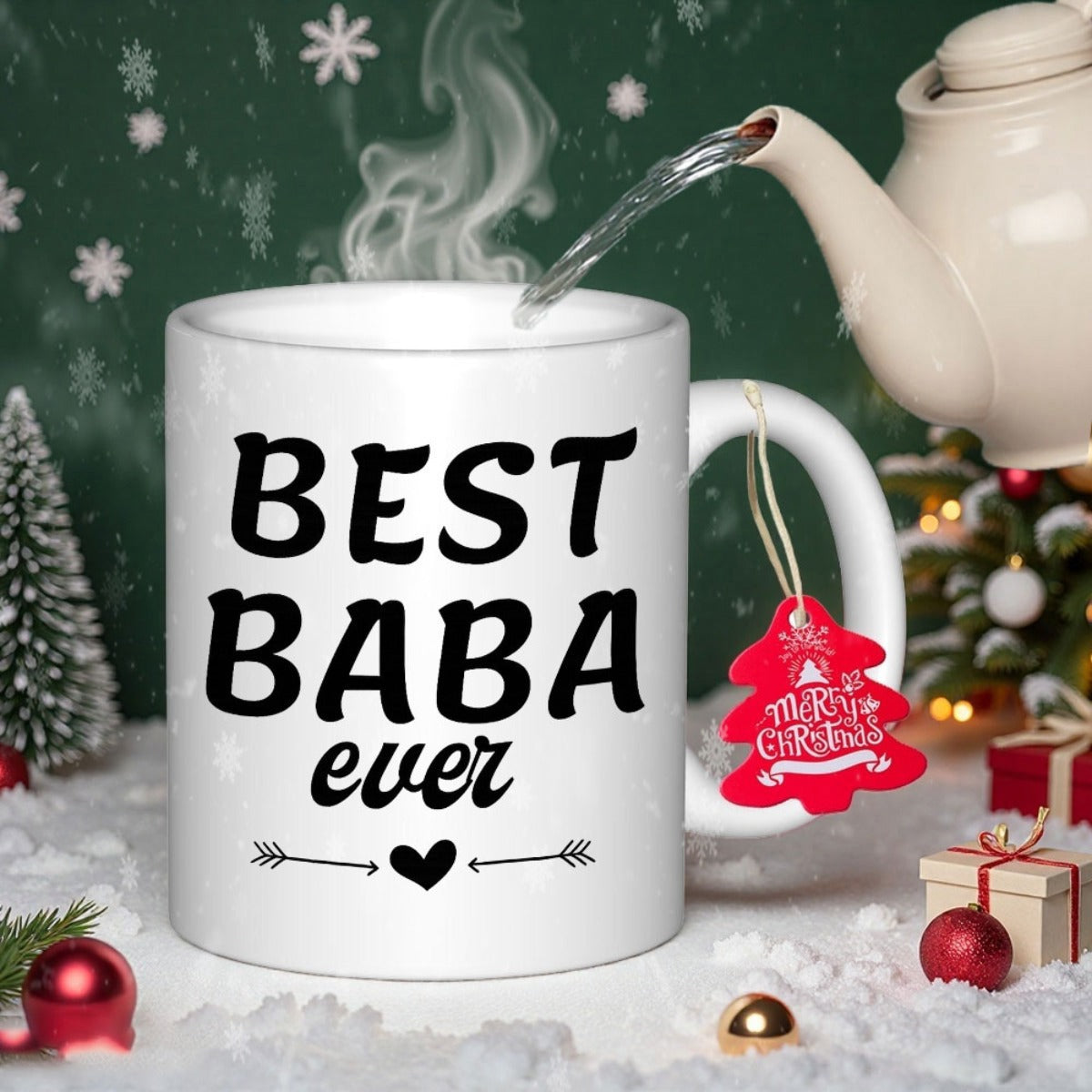 Tailorly White Ceramic 11 oz Mug - Best Baba Ever Snowy Winter Scene With Festive Ornaments Around Pure