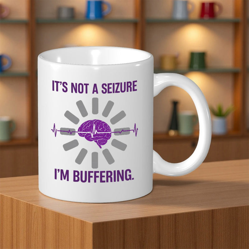 Tailorly White Ceramic 11 oz Mug - Its Not A Seizure Im Buffering Minimalist Purple Brain Icon Featuring Medical Heartbeat Loading Bars Brain