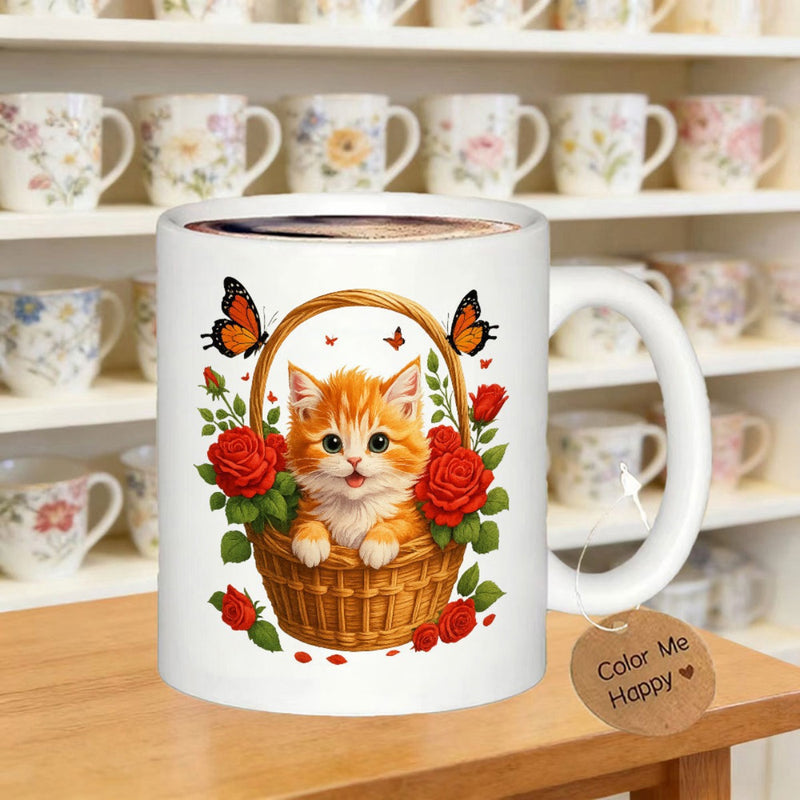 Tailorly White Ceramic 11 oz Mug - Color Me Happy Adorable Ginger Kitten Inside Woven Basket Surrounded By Blooming Roses Kitten