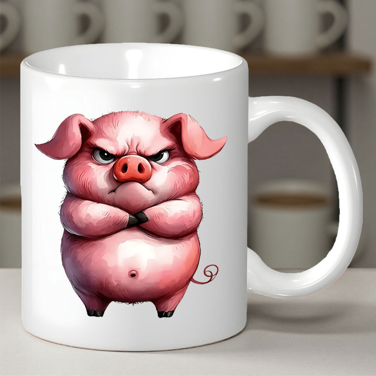 Tailorly White Ceramic 11 oz Mug - Grumpy Pink Cartoon Animal With Folded Arms Standing On White Background Pig