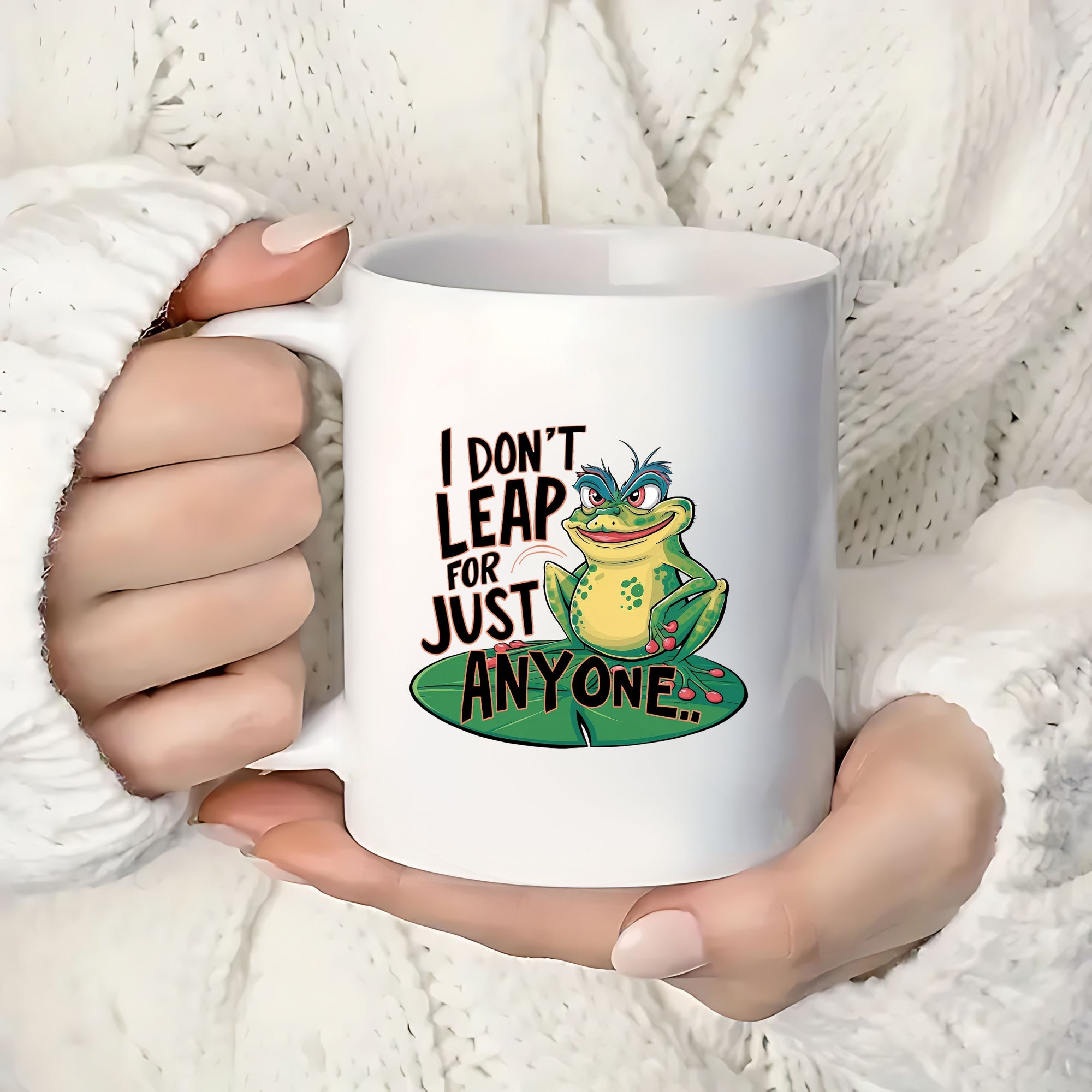 Tailorly White Ceramic 11 oz Mug - I Don't Leap For Just Anyone Cheerful Green Cartoon Creature Resting Peacefully On A Small Leaf Frog