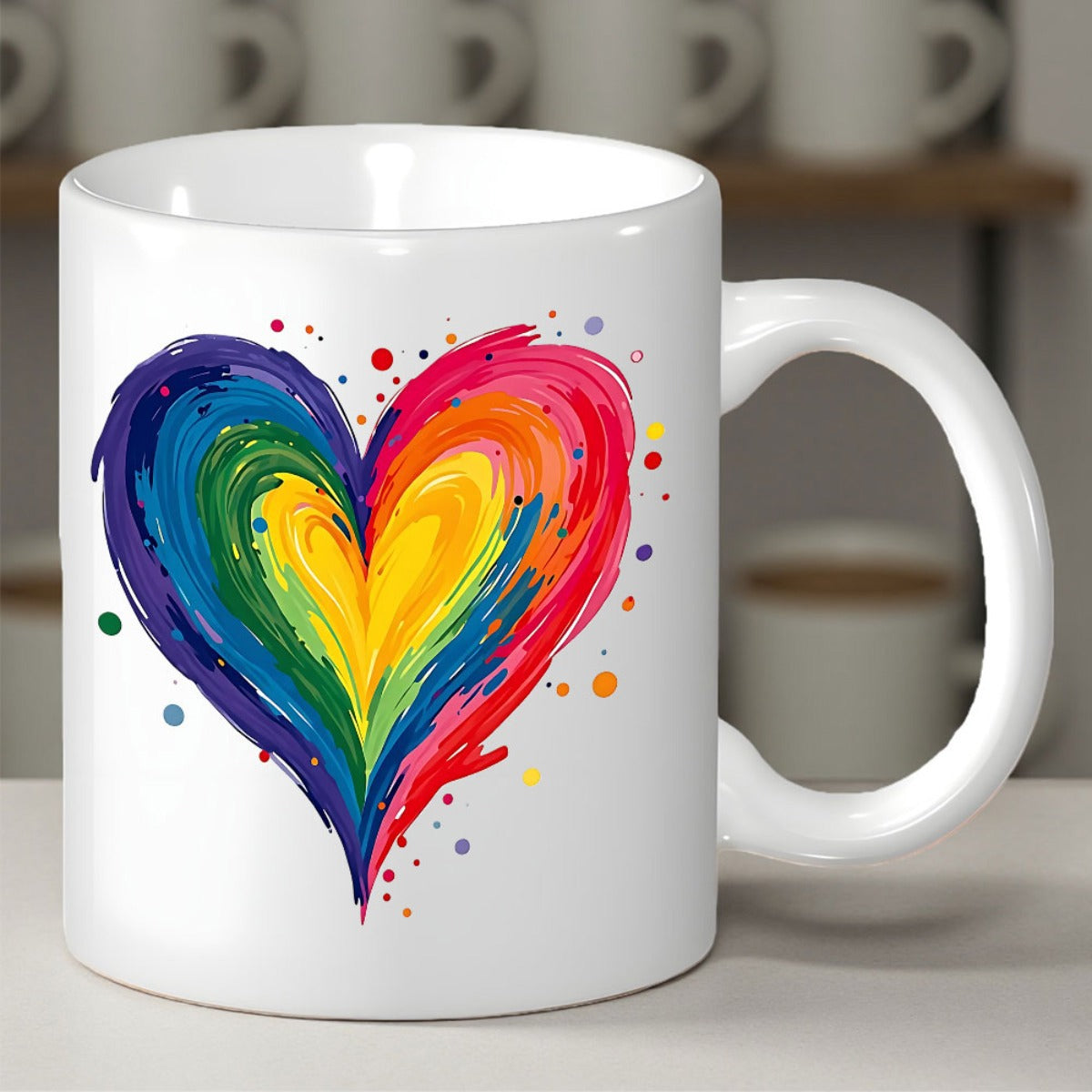 Tailorly White Ceramic 11 oz Mug - Vibrant Rainbow Colors Painted In Artistic Brush Strokes Forming A Beautiful Heart