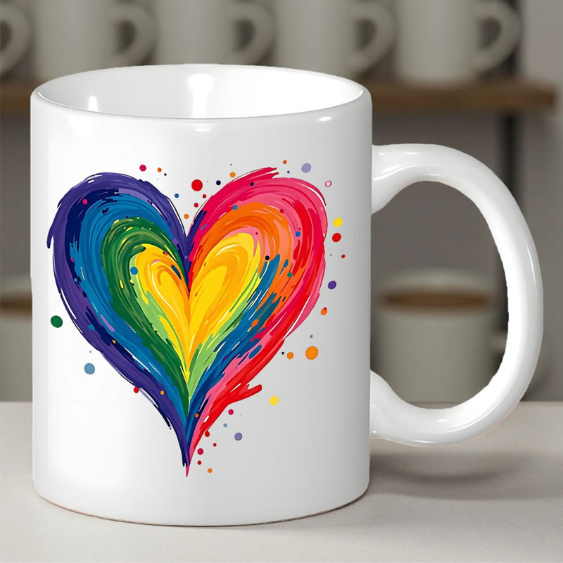 Tailorly White Ceramic 11 oz Mug - Vibrant Rainbow Colors Painted In Artistic Brush Strokes Forming A Beautiful Heart