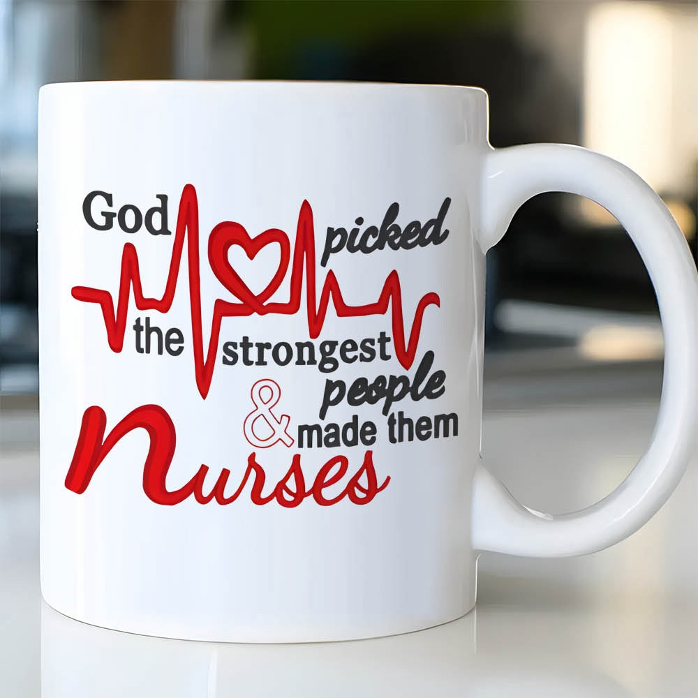 Tailorly White Ceramic 11 oz Mug - God Picked The Strongest People Made Them Nurses Red Heartbeat EKG Line Intertwined With A Small Delicate Heart Nurse
