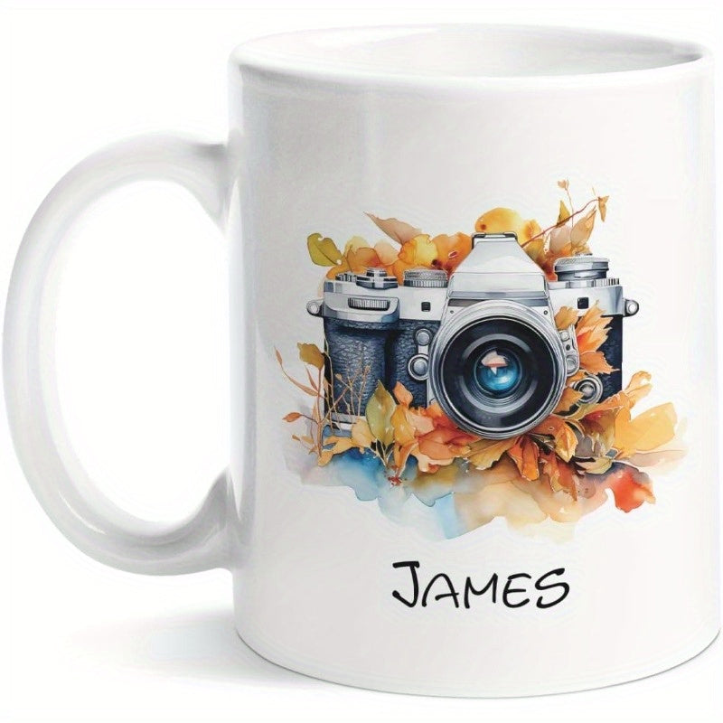 Tailorly White Ceramic 11 oz Mug - James Vintage Watercolor Style With Vibrant Golden Autumn Leaves And Lens Camera