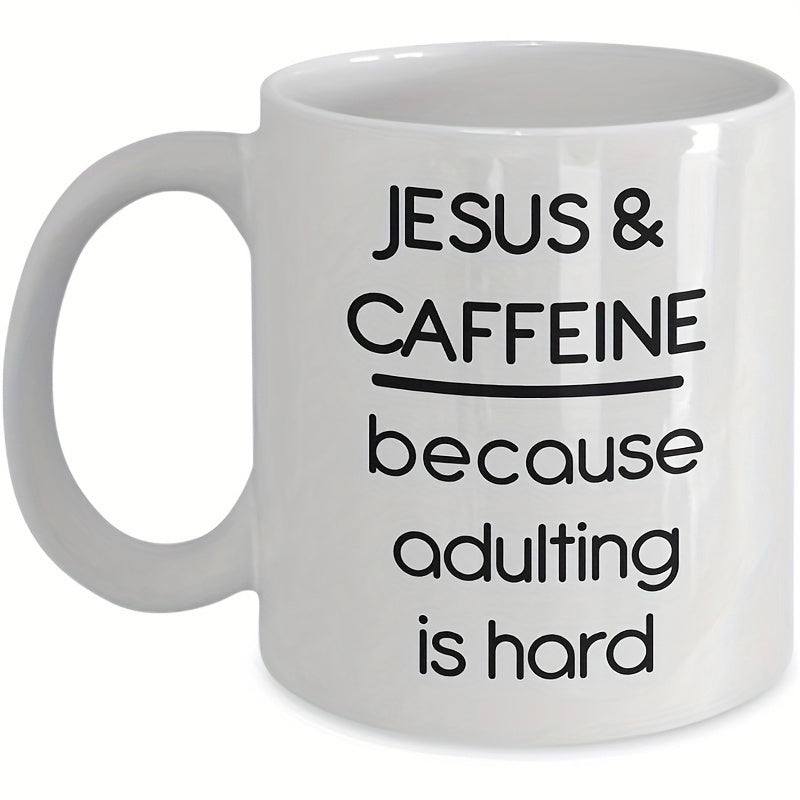 Tailorly White Ceramic 11 oz Mug - Jesus Caffeine Because Adulting Is Hard Minimalist Modern Typography With Bold Lettering And Clean Horizontal Line Sign