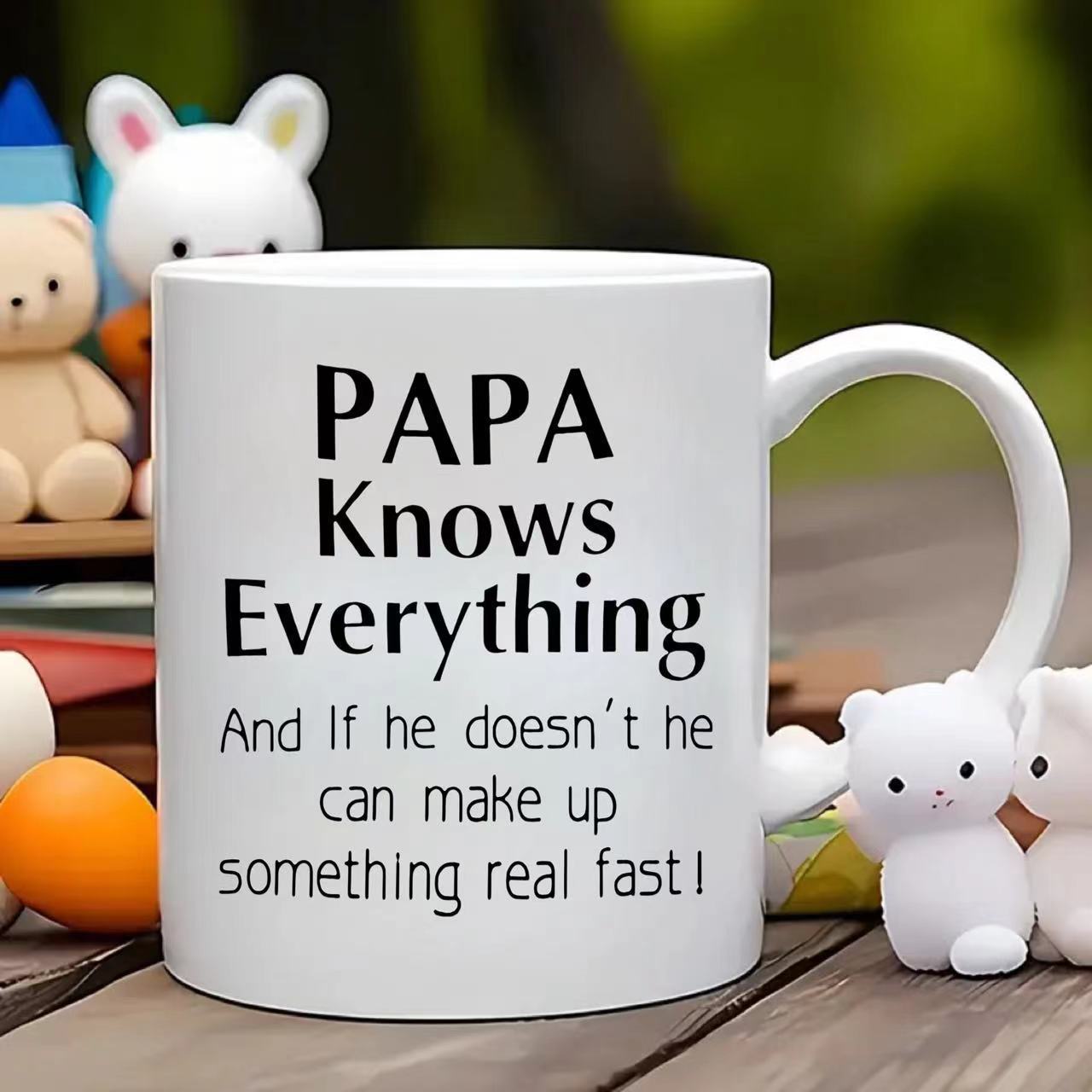 Tailorly White Ceramic 11 oz Mug - Papa Knows Everything And If He Doesnt He Can Make Up Something Real Fast Elegant Minimalist Black Lettering Set Against A Pure