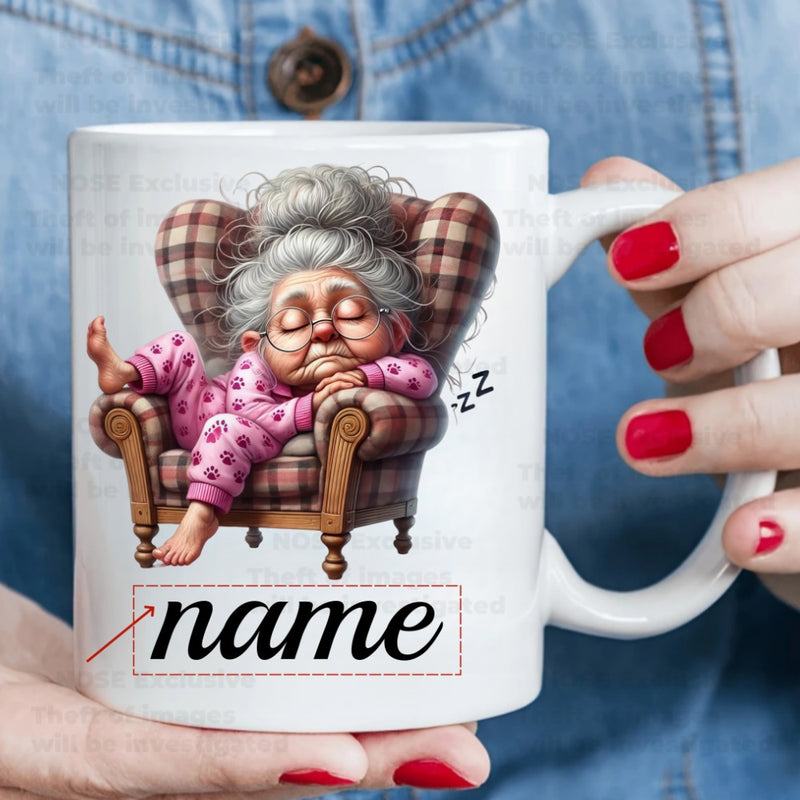 Tailorly White Ceramic 11 oz Mug - Name Elderly Woman Sleeping Peacefully In A Plaid Armchair Wearing Pink Pajamas Grandmother