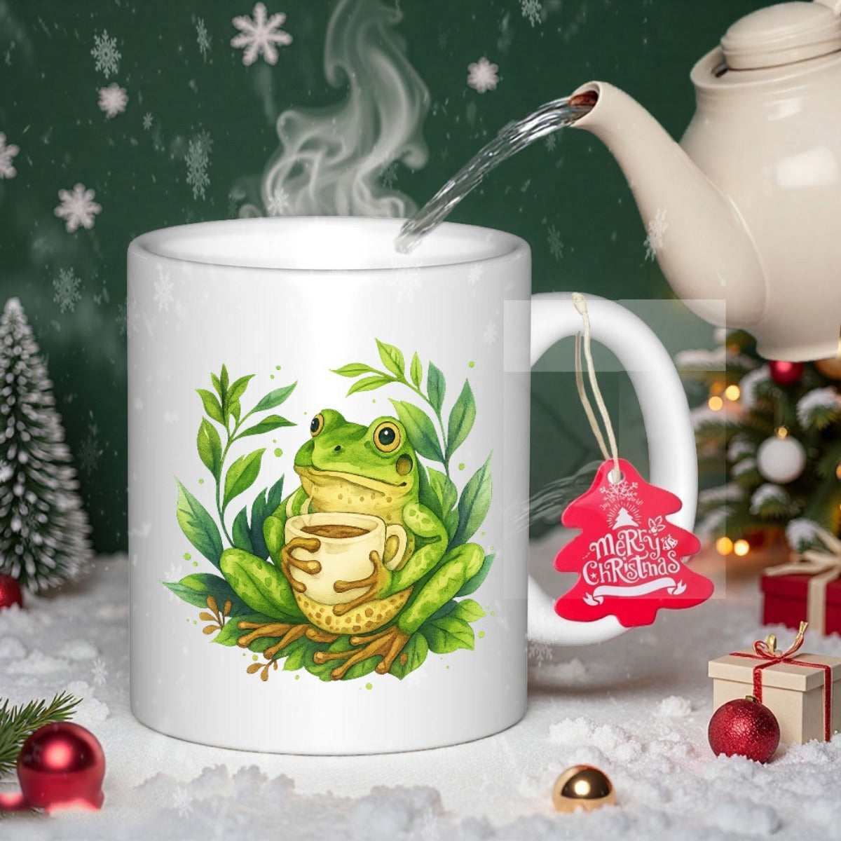 Tailorly White Ceramic 11 oz Mug - Merry Christmas Adorable Green Frog Holding Warm Coffee Cup Among Lush Green Leaves Frog