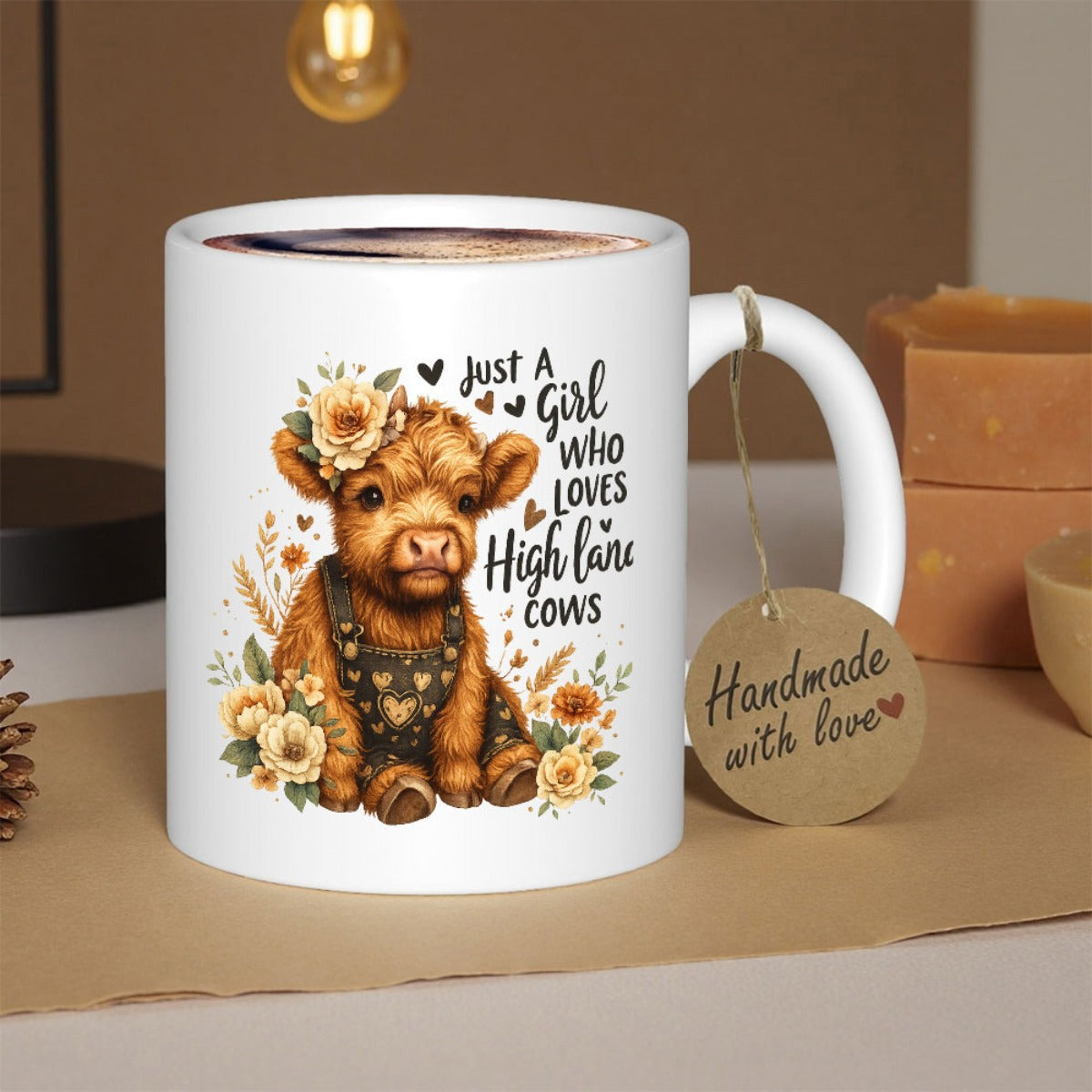Tailorly White Ceramic 11 oz Mug - Just A Girl Who Loves Highland Cows Adorable Brown Furry Highland Cow Wearing Floral Overalls Among Blooming Wildflowers