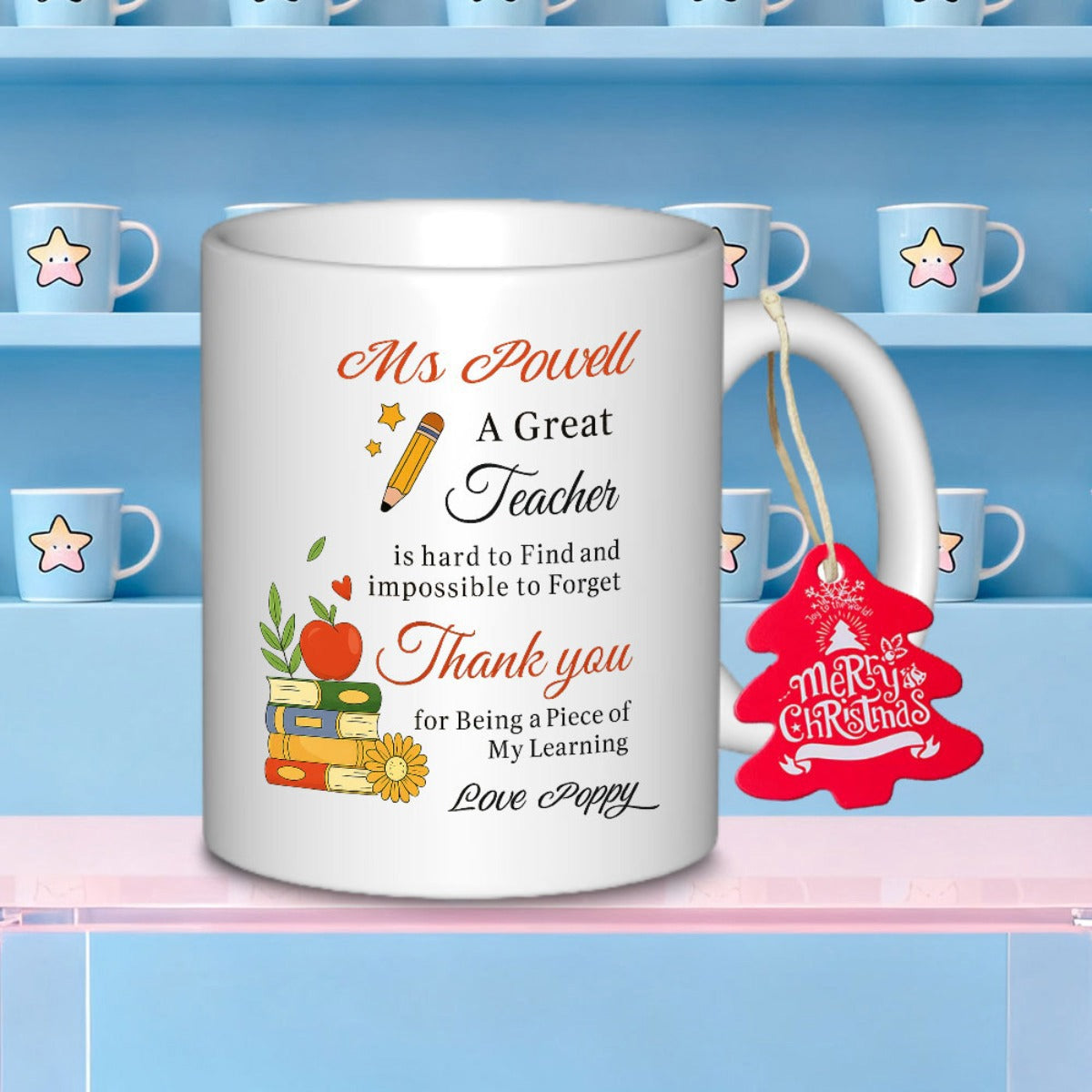 Tailorly White Ceramic 11 oz Mug - Ms Powell A Great Teacher Thank You Love Poppy Colorful Stacked Books Topped With Red Apple And Small Pencil Mug