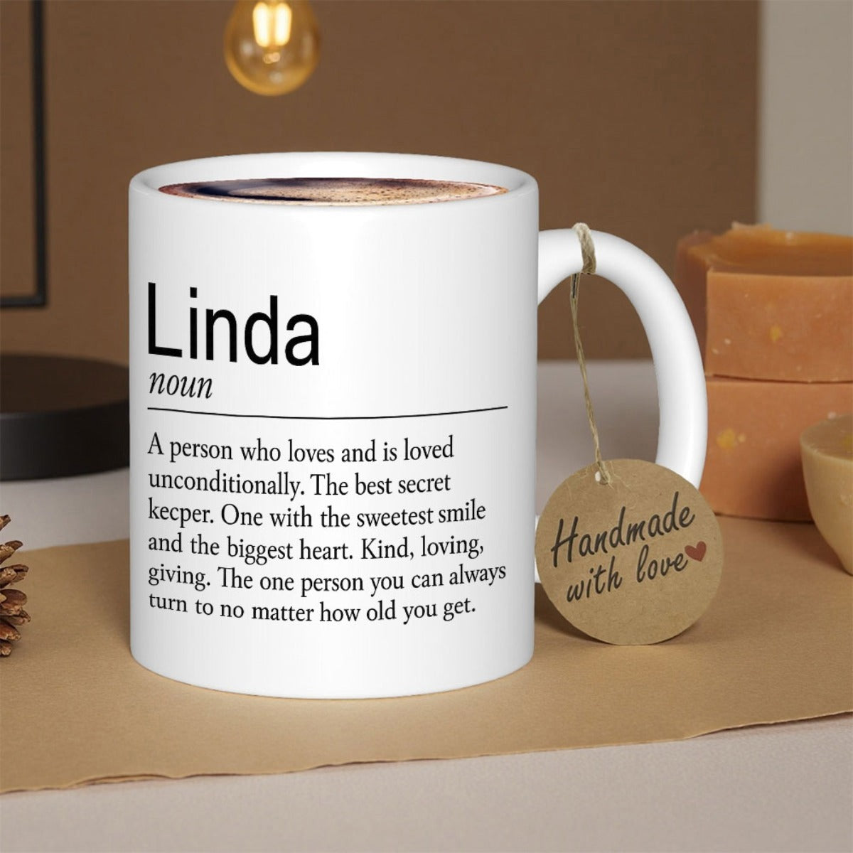 Tailorly White Ceramic 11 oz Mug - Linda Noun Minimalist Black Dictionary Style Layout Printed On Smooth Ceramic Mug