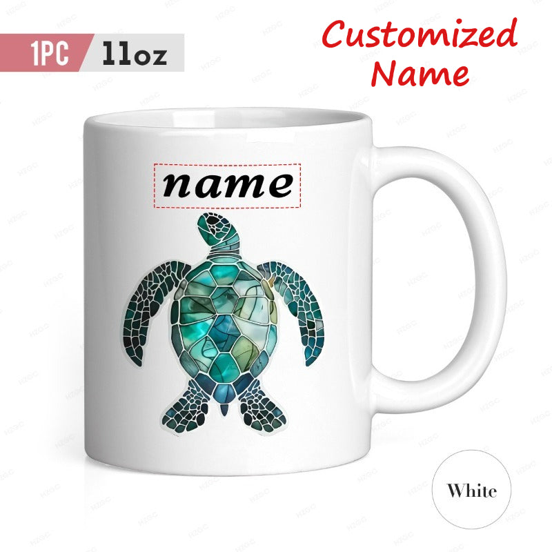 Tailorly White Ceramic 11 oz Mug - Name Mosaic Style Marine Life Pattern Featuring Teal And Blue Sea Turtle