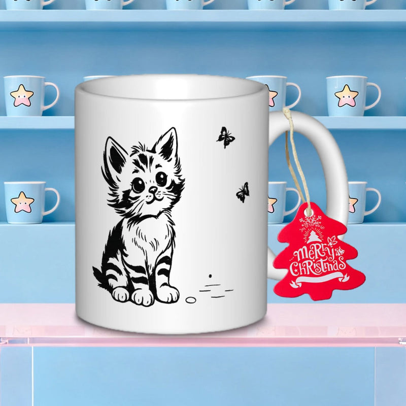Tailorly White Ceramic 11 oz Mug - Merry Christmas Hand Drawn Black And White Sketch Among Flying Tiny Butterflies Kitten