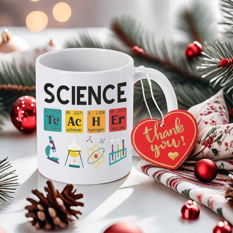 Tailorly White Ceramic 11 oz Mug - Science Teacher Thank You Colorful Elements With Microscope Atom And Test Tube Illustrations Mug