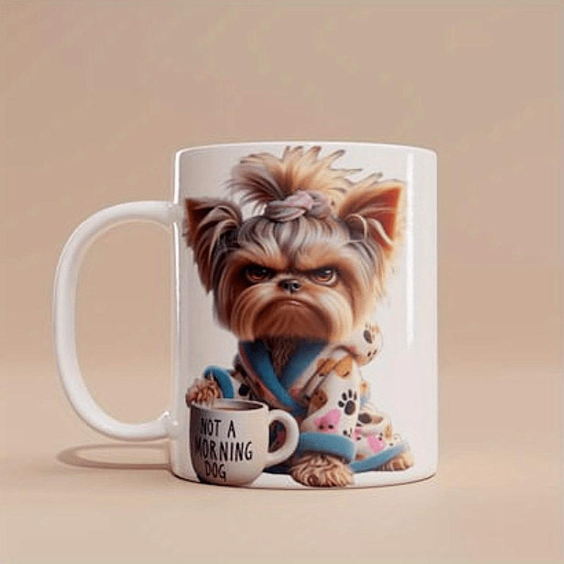 Tailorly White Ceramic 11 oz Mug - Not A Morning Dog Grumpy Small Pet Wearing Floral Robe Holding Steaming Coffee Yorkshire Terrier
