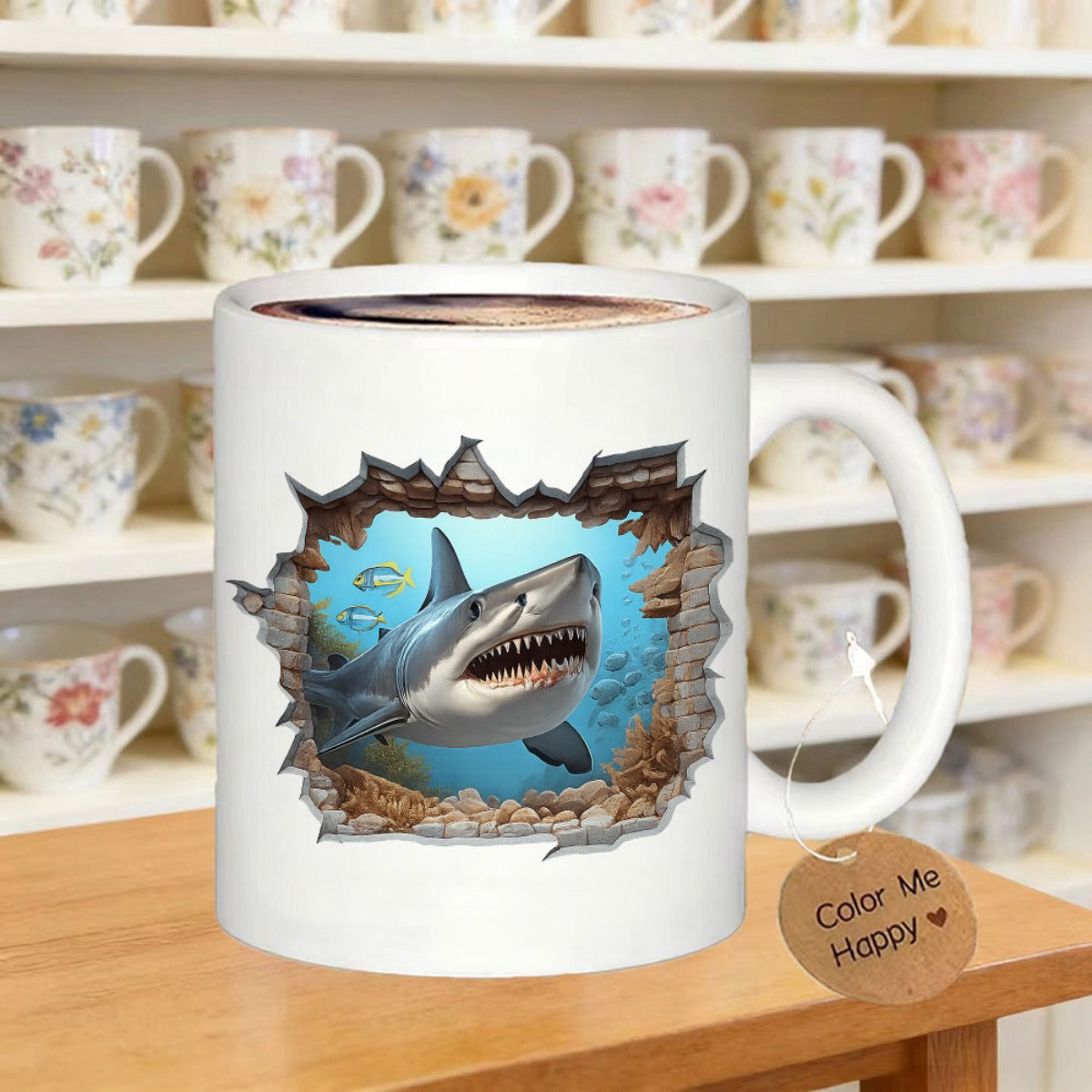 Tailorly White Ceramic 11 oz Mug - Ferocious Great White Shark Swimming Through A Broken Realistic Concrete Wall Shark
